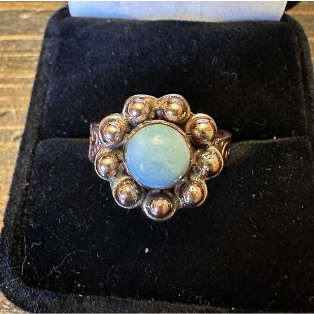 Small Blue Larimar Flower Pure Copper Ring Size 8